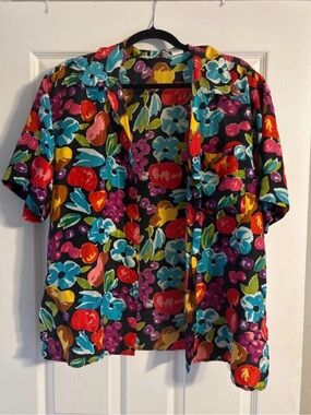 Silk Black Floral Button-Down Shirt - Multicolor Print
